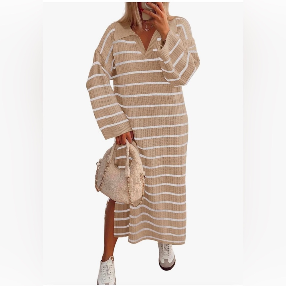 Striped Knit Sweater Dress - Beige and White
